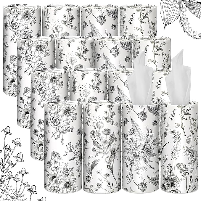 Zonon 16 Pcs Vintage Floral Round Tissues Box Car Holder with Facial Tissue Bulk Black Flower Travel Tubes for Car with 50 Sheets Christmas Cylinder Face Towel Fit for Cup Holder Round Container