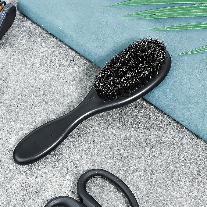 2 Pcs Hair Brush, Barber Brush, Slick Back Brushes Beard Fade Styling Comb Kit with Soft Bristles, Neck Duster Cleaning Brushes for Men, Cutting Shaving Accessories Grooming Tools with Handle (Black)
