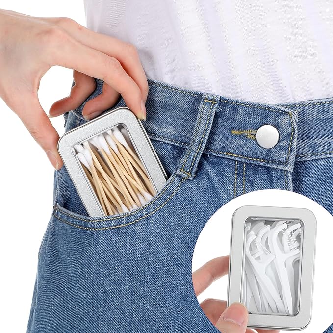 2PCS Metal Cotton Swab Holder, Portable Small Floss Pick Holder, Reusable Empty Metal Cotton Ball Case with Dust Lid for Travel Swabs Hair Ties Floss
