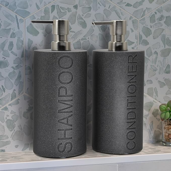 Resin 2 Pack Shampoo, Conditioner or Body Wash Dispenser Set, Luxurious Refillable Pump Bottles with Matte Pump Top and Embossed Text, Durable Design for Bathroom and Shower