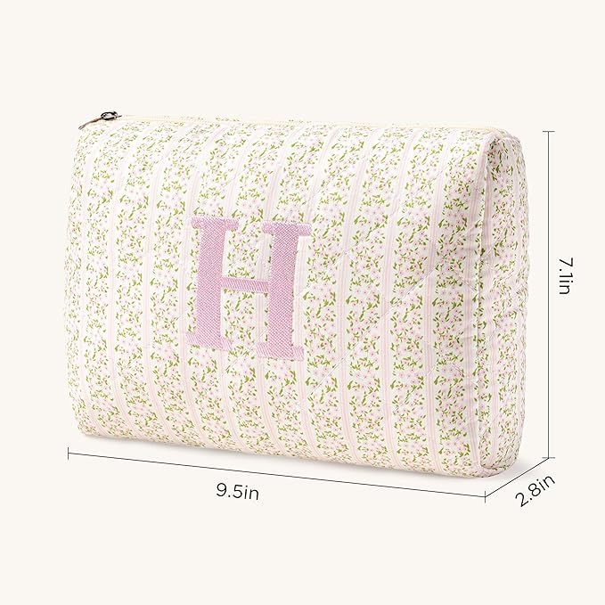 HBselect Initial Quilted Makeup Bag, Pink Cosmetic Travel Toiletry Bag, Flowers Coquette Zipper Make Up Pouch Organizer Teen Girl Gift Trendy Stuff H