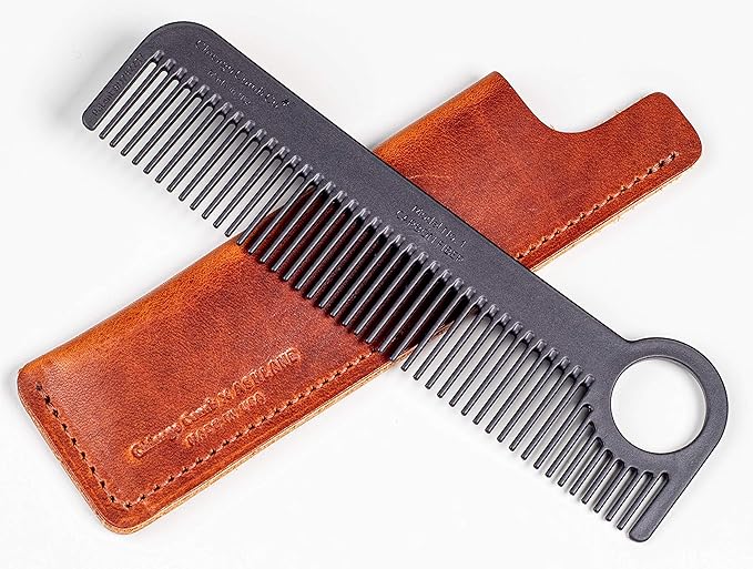 Chicago Comb Model 1 Carbon Fiber Comb + English Tan Horween leather sheath, Made in USA, ultimate pocket and travel comb, smooth strong & light, anti-static, premium American leather sheath