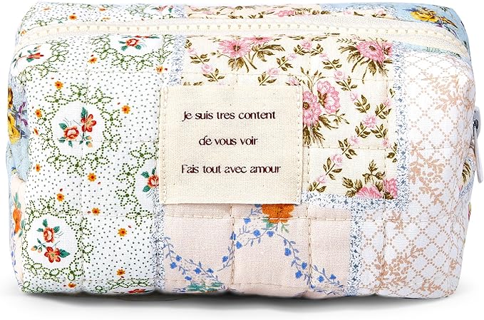 Floral Makeup Bag Pouch - Small Quilted Cosmetic Organizer for Travel Daily, Aesthetic Cottagecore Cotton Toiletry Pencil Purses with Zipper, Portable Gift for Women Girls (Blue Floral-S)