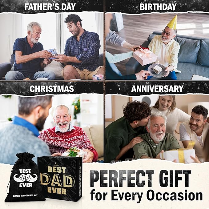 Christmas Dad Gifts from Daughter Son - Beard Kit for Men Grooming and Care with Brush, Comb, Scissors & Storage Bag - Best Dad Ever Gifts for Dads Father Stepdad, Beard Growth Kit for Men