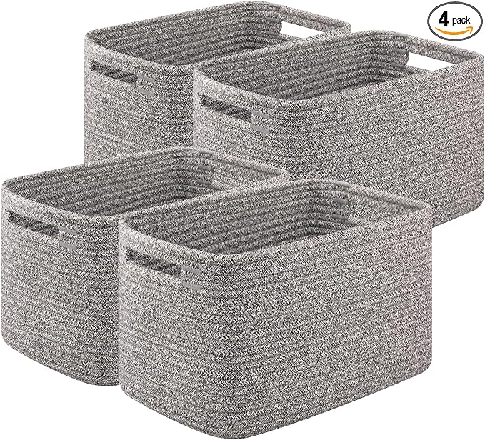 Storage Baskets for Organizing, Woven Decorative Baskets for Shelves - Books, Towels, and Clothes, Cotton Rope Toy Storage Bins, 12.7''Lx9''Wx7.8''H, Pack of 4, Grey