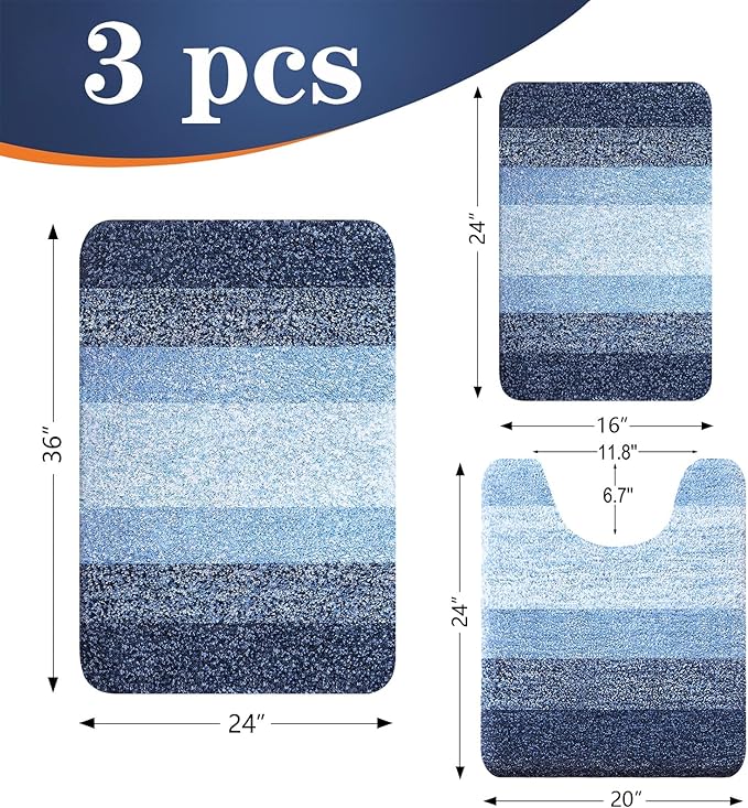 OLANLY Bathroom Rugs Sets 3 Piece, Soft Absorbent Microfiber Bath Mats and U-Shaped Contour Toilet Rug, Plush Shaggy Bath Mat Set for Bathroom (36"x24"+24"x16"+24"x20", Navy)