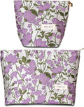2 PCS Makeup Bag Small Cute Makeup Pouch Floral Cosmetic Bag for Women，Soft Toiletry Bag Pouch for Purse，Embroidery Craft Makeup Bag with Zipper（Purple Flower）