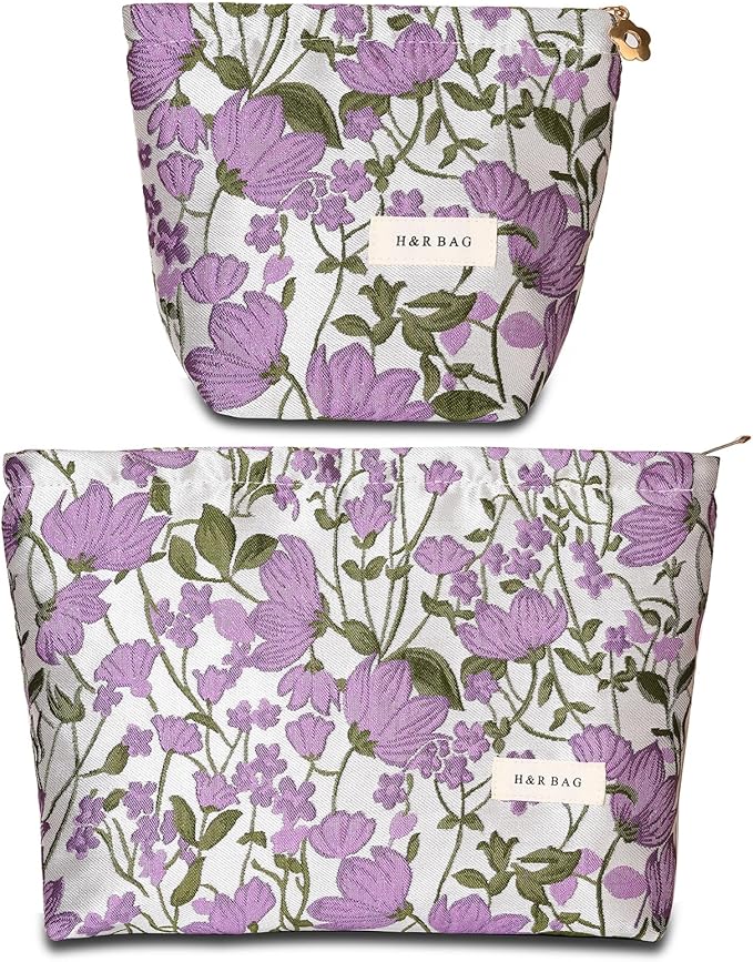 2 PCS Makeup Bag Small Cute Makeup Pouch Floral Cosmetic Bag for Women，Soft Toiletry Bag Pouch for Purse，Embroidery Craft Makeup Bag with Zipper（Purple Flower）