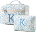 HBselect 2Pcs Initial Quilted Cotton Large Travel Cute Floral Coquette Makeup Cosmetic Toiletry Bag for Women Girls