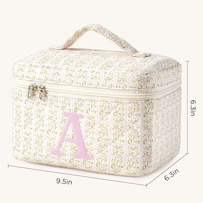 HBselect Initial Quilted Makeup Bag, Pink Cosmetic Travel Toiletry Bag, Flowers Coquette Zipper Make Up Pouch Organizer Teen Girl Gift Trendy Stuff A