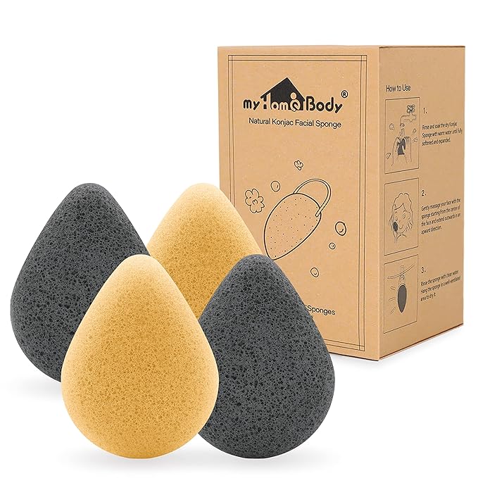 myHomeBody Natural Konjac Facial Sponges – Teardrop Shape - for Gentle Face Cleansing and Exfoliation - with Activated Charcoal and Turmeric Yellow, Set of 4