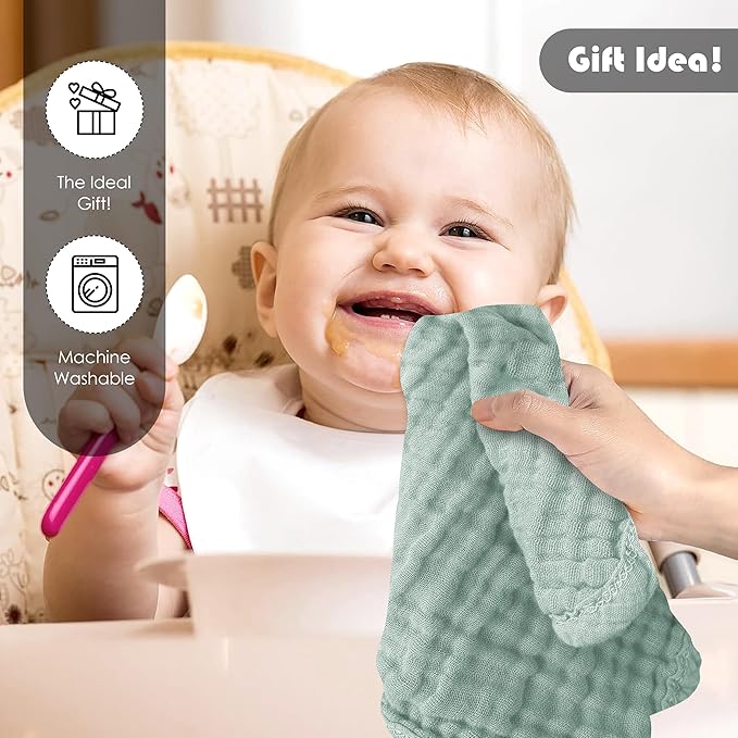 12 Pack Muslin Washcloths for Baby - 100% Cotton Baby Wash Cloths for or Baby Face Body Comfy and Soft for Newborn Infants Kids Girls and Boys - 12"x12" - Grey, Green and Slate