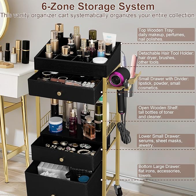 Large Makeup Cart with Detachable Hair Tool Organizer, Floor Makeup Organizer with 3 Drawers and Wheels, Cosmetic Display Cases Holder for Skin Care Perfume Nail Polish,Modern Gold & Black