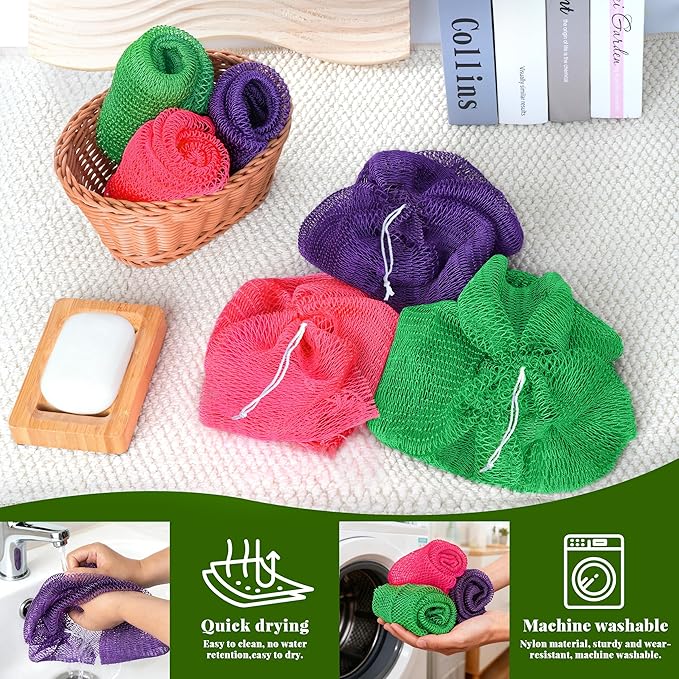 African Net Sponge Authentic, 3 Pieces Exfoliating Scrubber Bath Sponge for All Skin Types, Back Scrubber Loofah Washcloth for Shower, Gentle Exfoliation (Rose Red,Purple,Green)
