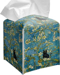 Grace Yonks Art Tissue Box Cover Square - Black Cat on Blossoming Branch Design 5.2" PU Leather Holder for Vanity, Desk, or Bathroom Counter - Cube Case for Facial Tissues. (122)