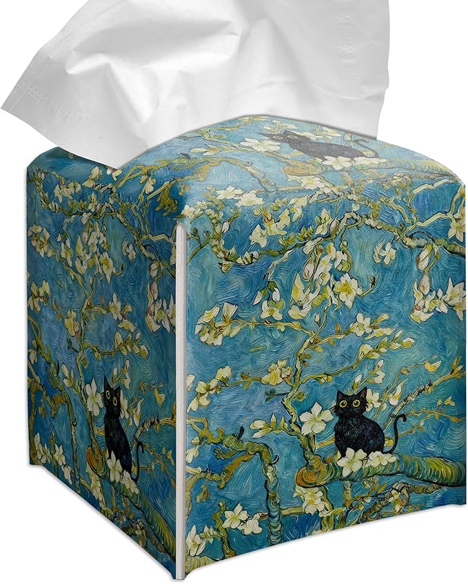 Grace Yonks Art Tissue Box Cover Square - Black Cat on Blossoming Branch Design 5.2" PU Leather Holder for Vanity, Desk, or Bathroom Counter - Cube Case for Facial Tissues. (122)