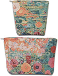 2 PCS Makeup Bag Small Cute Cosmetic Bags for Women，Floral Travel Toiletry Bag for Purse, Large Canvas Cosmetic Pouch Makeup Organizer Tool Pouch with Zipper（Oil Painting Garden）