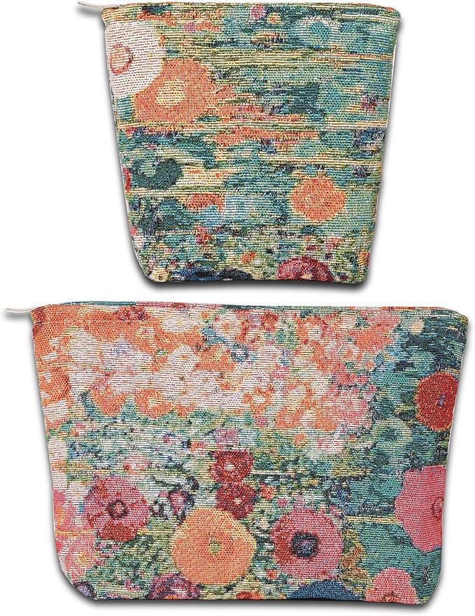 2 PCS Makeup Bag Small Cute Cosmetic Bags for Women，Floral Travel Toiletry Bag for Purse, Large Canvas Cosmetic Pouch Makeup Organizer Tool Pouch with Zipper（Oil Painting Garden）