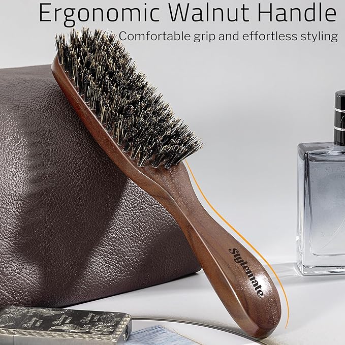 Hair Brush for Men, Mens Boar Bristle Slick Back Hair Brush with Natural Stiff Bristles & Wooden Walnut Handle for Thick & Fine Hair Smoothing, Detangling, Styling, Beard Straightens