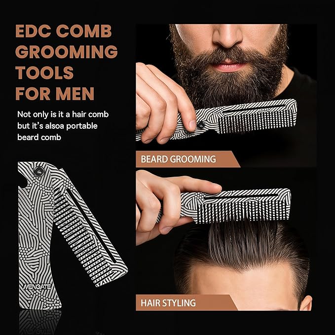 Metal Hair & Beard & Mustache Comb, Multifunctional Folding EDC Pocket Beard Comb With Bottle Opener - Anti-Static for Travel and Everyday Grooming Styling