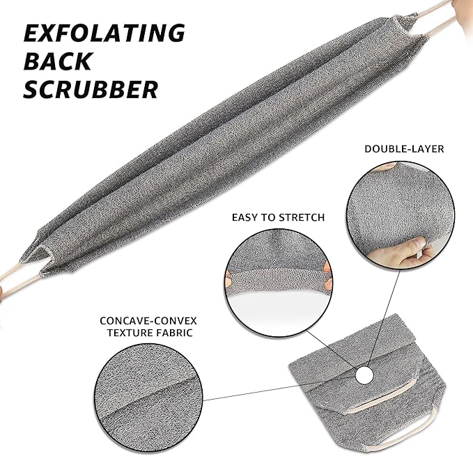 Extended Exfoliating Back Scrubber with Handles, Nylon Cleaning Exfoliator Washcloth for Body, Stretchable Pull Strap Soft Quick-Drying Rough Scrub Towel, Grey