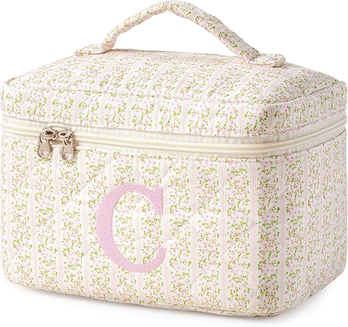 HBselect Initial Quilted Makeup Bag, Pink Cosmetic Travel Toiletry Bag, Flowers Coquette Zipper Make Up Pouch Organizer Teen Girl Gift Trendy Stuff C