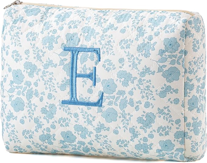 HBselect Initial Quilted Makeup Bag, Cotton Large Travel Makeup Bag, Cute Floral Coquette Make up Bag Cosmetic Bag Toiletry Bag for Women Girls E