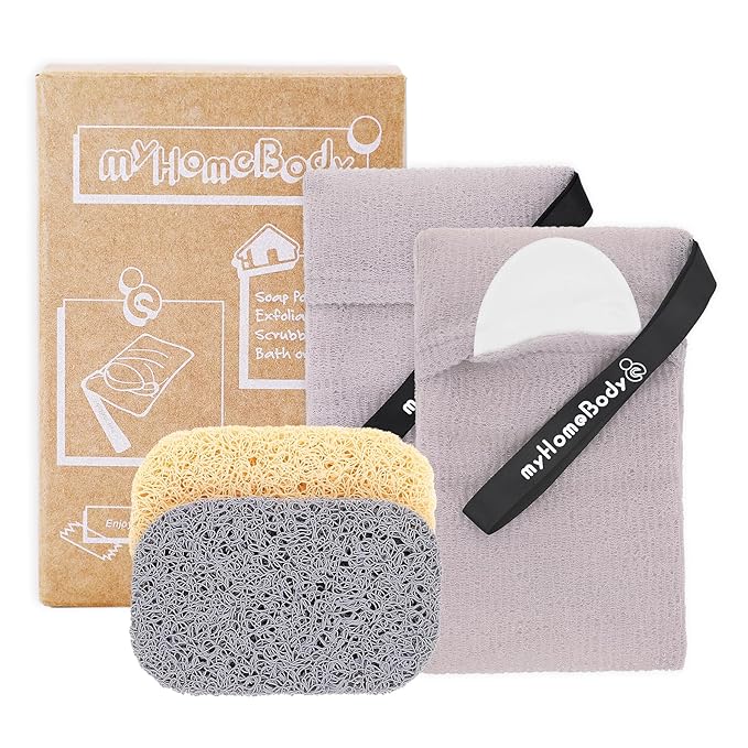 myHomeBody Soap Pocket Exfoliating Pouch, Body Scrubber Sponge, Exfoliator for Bath, Shower or Leftover Bits Saver, White Smoke, 2 Pack + 2 Lift Pads