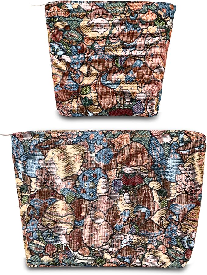 2 PCS Makeup Bag Small Cute Cosmetic Bags for Women，Floral Travel Toiletry Bag for Purse, Large Canvas Cosmetic Pouch Makeup Organizer Tool Pouch with Zipper（MushRoom Girl）