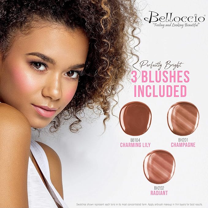 Belloccio Professional Beauty Airbrush Cosmetic Makeup System with 5 Dark Shades of Foundation in 1/4 oz Bottles - Kit includes Blush, Bronzer and Highlighters