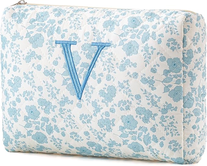 HBselect Initial Quilted Makeup Bag, Cotton Large Travel Makeup Bag, Cute Floral Coquette Make up Bag Cosmetic Bag Toiletry Bag for Women Girls V