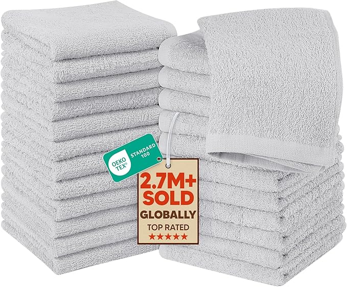 Utopia Towels 24 Pack Cotton Washcloths Set, 100% Ring Spun Cotton, Premium Quality Flannel Face Cloths, Highly Absorbent and Soft Feel Fingertip Towels, Silver