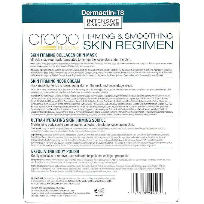 Dermactin Crepe Be Gone Firming & Smoothing Skin Regimen 4-PC Set - Includes Skin Firming Neck Cream, Hydrating Skin Firming Soufle, Exfoliating Body Polish & Collagen Chin Mask
