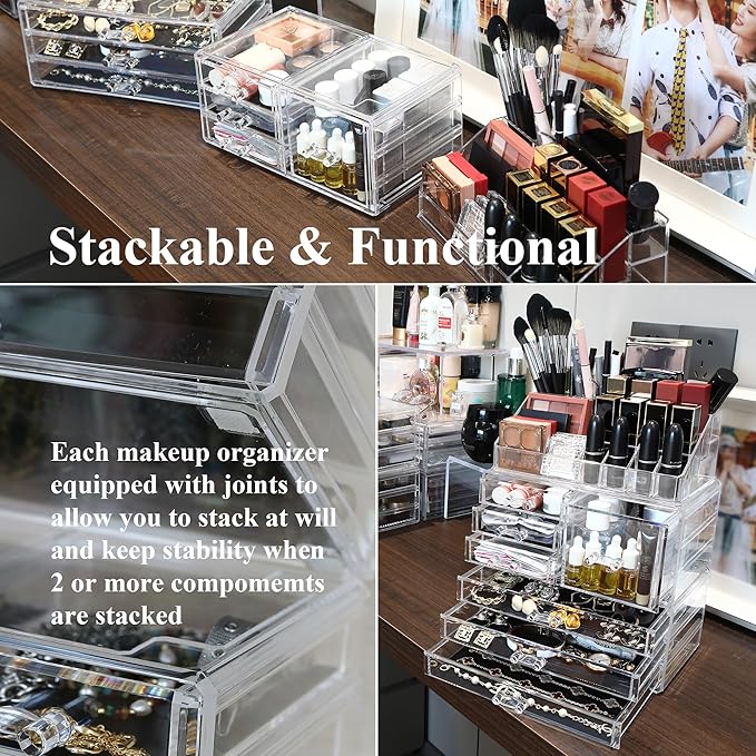 Sea Team Clear Makeup Organizer with Drawers, Acrylic Plastic Cosmetic Display Case, Jewelry Storage Box, Holder for Dresser, Bathroom, Vanity, Countertop (1 Large, 3 Small Drawers)