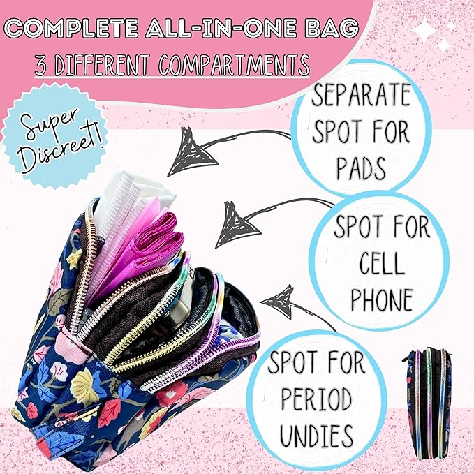 First Period Pal Pack to-Go Kit | 24 pcs | First Period Kit for Tweens | Teen Period Kit| Discrete Period Bag, Pads, Panty Liners, Period Kits for Tweens 10-12 (Florets)