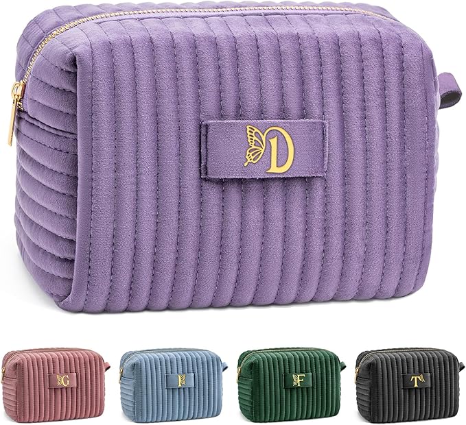 COSHAYSOO Sister Birthday Gifts for Women Best Friend Bestie Friendship Fashion Makeup Bag Make Up Cosmetic Pouch Travel Size Toiletries Skin Care Essentials Organizer Purple Velvet Initial Letter D
