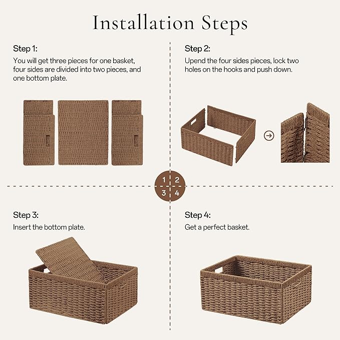 UBBCARE 4 Pack Wicker Basket, 13.4L×8.3H×7.1W inch Woven Paper Rope Storage Baskets for shelves, Foldable Rectangular Storage Baskets with Handle, Storage Basket for Organizing, Caramel