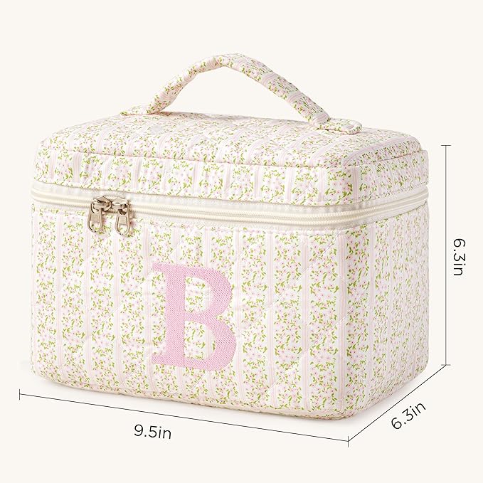 HBselect Initial Quilted Makeup Bag, Pink Cosmetic Travel Toiletry Bag, Flowers Coquette Zipper Make Up Pouch Organizer Teen Girl Gift Trendy Stuff B