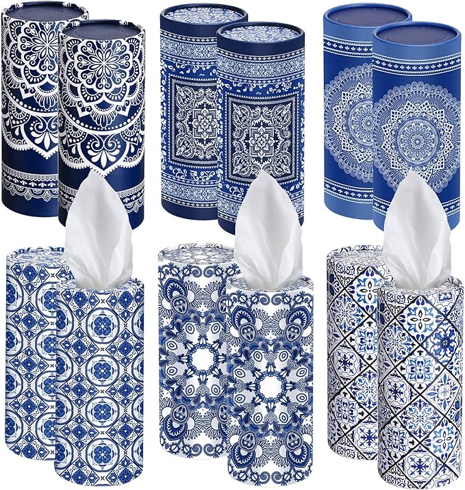 Outus 12 Pcs Mandala Car Tissues Cylinder Holder with 3 Ply Facial Tissue Bulk Round Tissue Holder Travel Tissues Boxes Container for Car Cup Wedding Birthday Party
