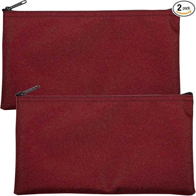 Multipack of 2 Compact Zipper Cloth Pouches, Zipper Bag, Travel Toiletry, Cosmetics, Stationary Case, 11 x 6 inches (Burgundy)