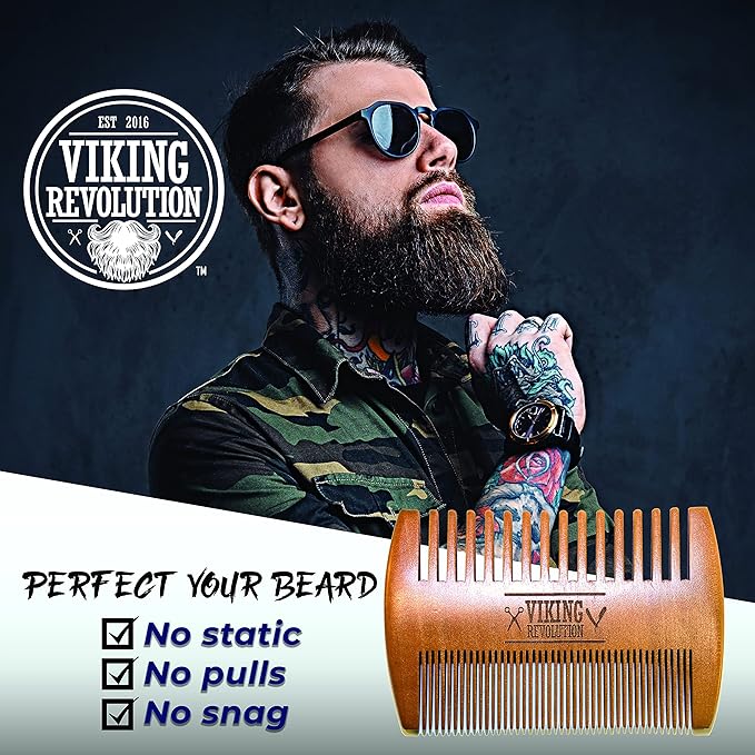 Wooden Beard Comb & Case, Dual Action Fine & Coarse Teeth, Perfect for use with Balms and Oils, Top Pocket Comb for Beards & Mustaches by Viking Revolution