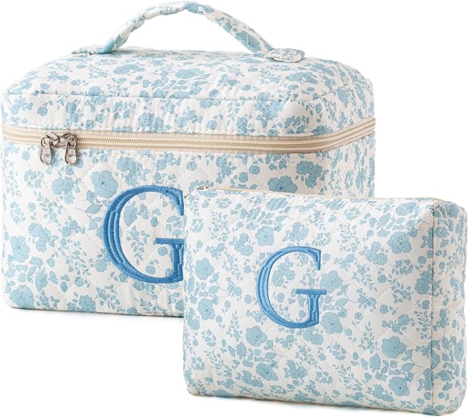 HBselect 2Pcs Initial Makeup Bag, Quilted Makeup Bag, Cotton Large Travel Makeup Bag, Cute Floral Coquette Make up Bag Cosmetic Bag Toiletry Bag for Women Girls G