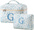 HBselect 2Pcs Initial Makeup Bag, Quilted Makeup Bag, Cotton Large Travel Makeup Bag, Cute Floral Coquette Make up Bag Cosmetic Bag Toiletry Bag for Women Girls G