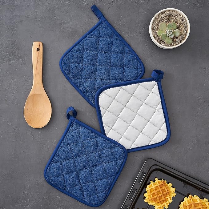 Kitchen Pot Holders Set Heat Resistant Pure Cotton Potholders Kit Trivets Large Coasters Hot Pads Terry Pot Holders for Everyday Cooking and Baking by 7 x 7 Inch Set of 4 Dark Blue
