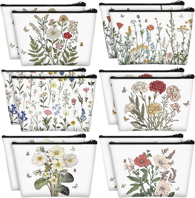 Sweetude 12 Pcs Spring Flowers Makeup Bag Bulk Portable Travel Cosmetic Bags with Zipper Wildflower Floral Waterproof Roomy Travel Beauty Toiletry Organizer Storage Pouch for Women Spring Gifts