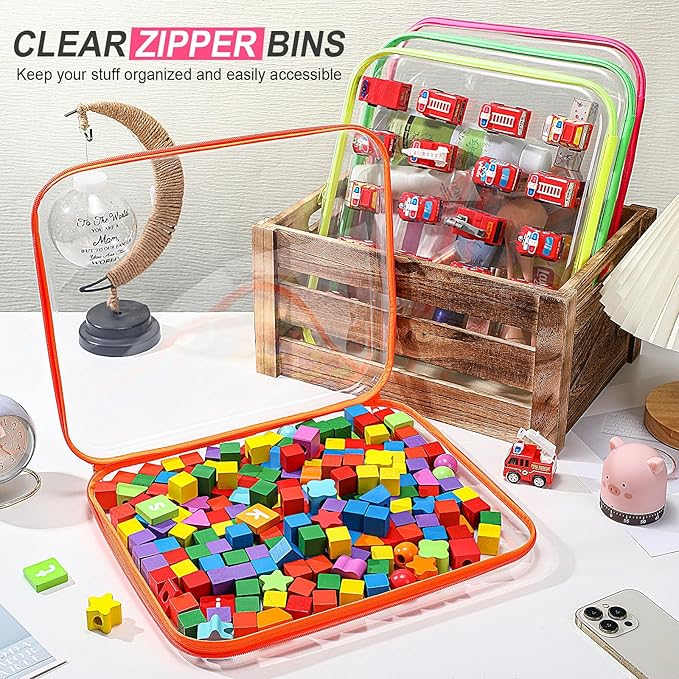 Hoolerry 4 Pcs Hard Clear Zipper Case Makeup Bags Plastic Zipper Pouch Transparent Storage Box Containers for Cosmetics, Snacks, Building Blocks, Puzzles(Clear,13.8 x 11.8 x 2 in,Fluorescent)