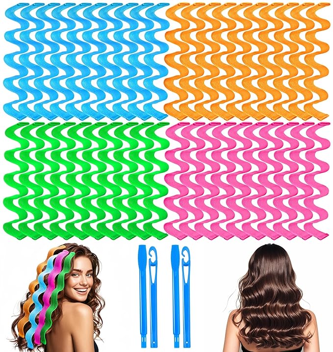 42 Pieces Heatless Waves Hair Curler, No Heat Damage Wavy Hair Curlers with 2 Sets of Styling Hooks, Heatless Curls for Women Girls Long Medium Hair (4 Colors,45cm/ 17.7")