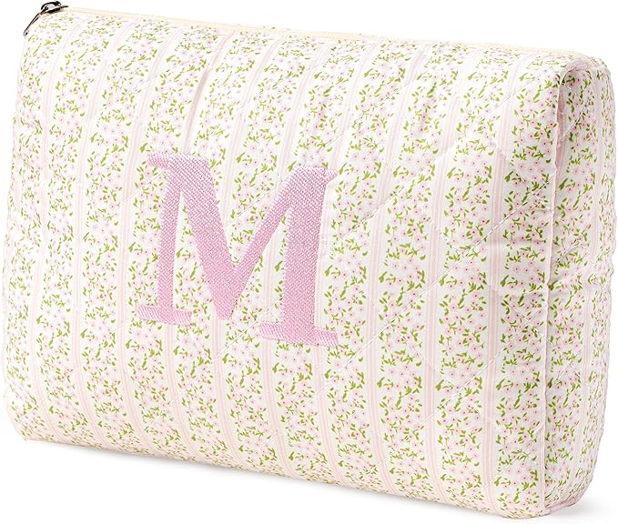 HBselect Initial Quilted Makeup Bag, Pink Cosmetic Travel Toiletry Bag, Flowers Coquette Zipper Make Up Pouch Organizer Teen Girl Gift Trendy Stuff M