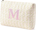 HBselect Initial Quilted Makeup Bag, Pink Cosmetic Travel Toiletry Bag, Flowers Coquette Zipper Make Up Pouch Organizer Teen Girl Gift Trendy Stuff M