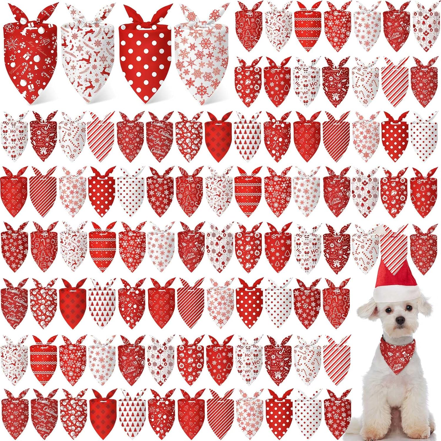 Chunful 100 Pieces Christmas Dog Bandanas Bulk Red and White Xmas Bandanas for Dogs Triangle Scarf Bib Kerchief Set for Small Medium Large Doggie Christmas Costume Decor(25.6 x 17.7 x 17.7)